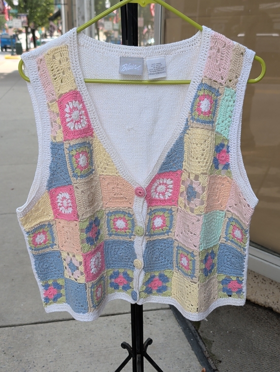 Blair Sweaters - 90s Blair Pastel Crochet Patchwork V-Neck Sweater Vest